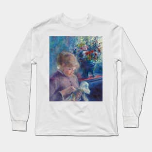 Young Woman Sewing by Auguste Renoir Long Sleeve T-Shirt